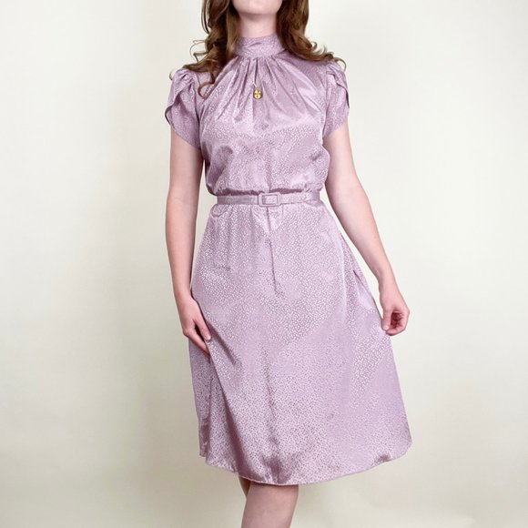 Vintage Polka Dot Belted Midi Dress Mock Neck Preppy Secretary Mid Century MCM - Picture 8 of 8